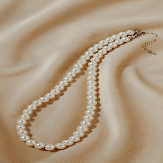 Wedding Cream Simulated Pearls Choker Necklace, Sterling Silver Round Prom Pearl Necklace Strand Jewelry for Women
