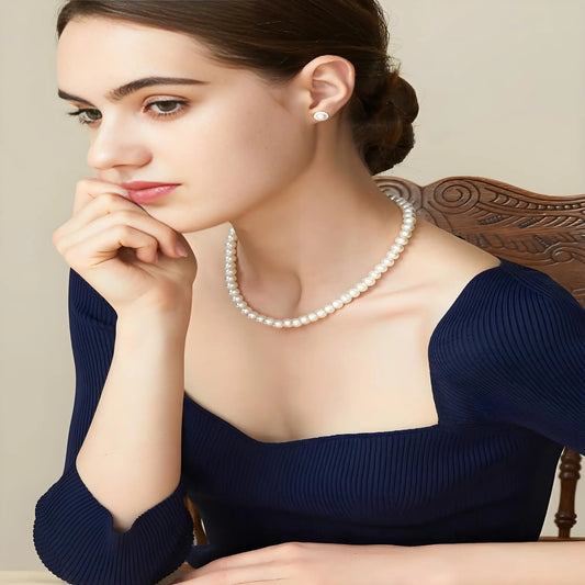 Wedding Cream Simulated Pearls Choker Necklace, Sterling Silver Round Prom Pearl Necklace Strand Jewelry for Women